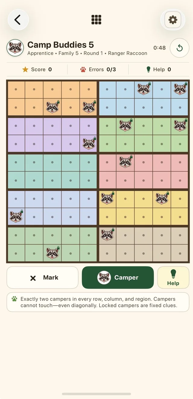 Camp Buddies level 5 — a board with two campers per row, column, and region