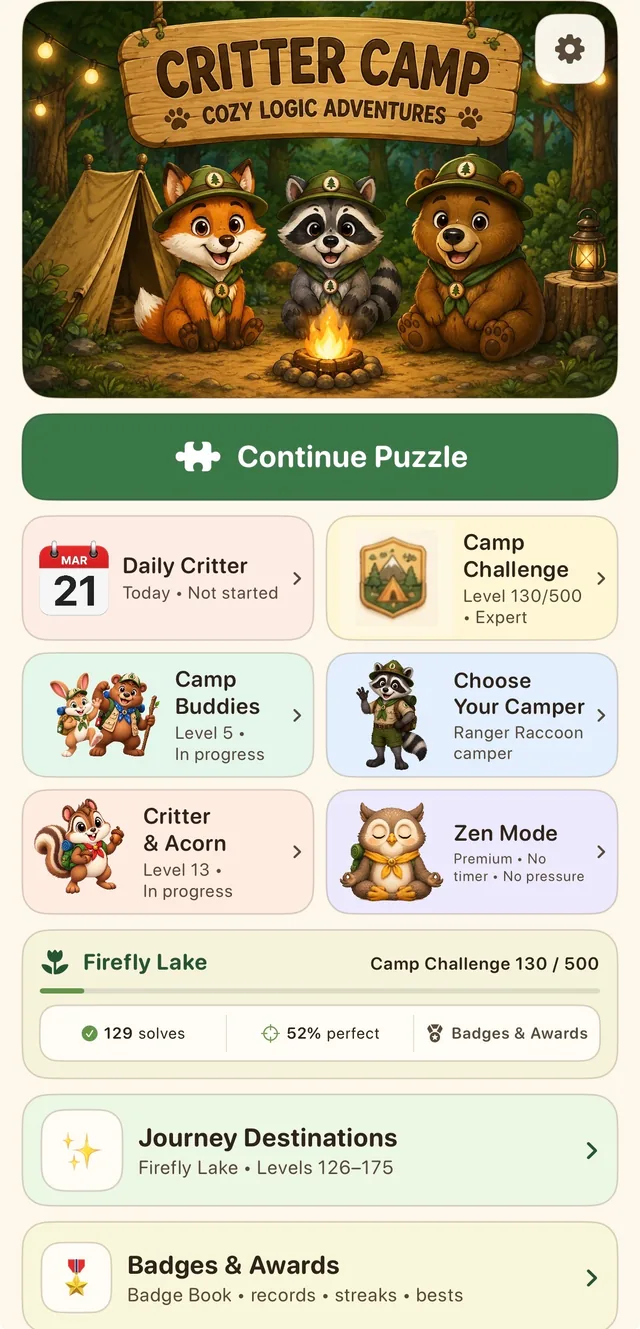 Critter Camp home screen with the camp scene, Continue Puzzle button, and mode tiles